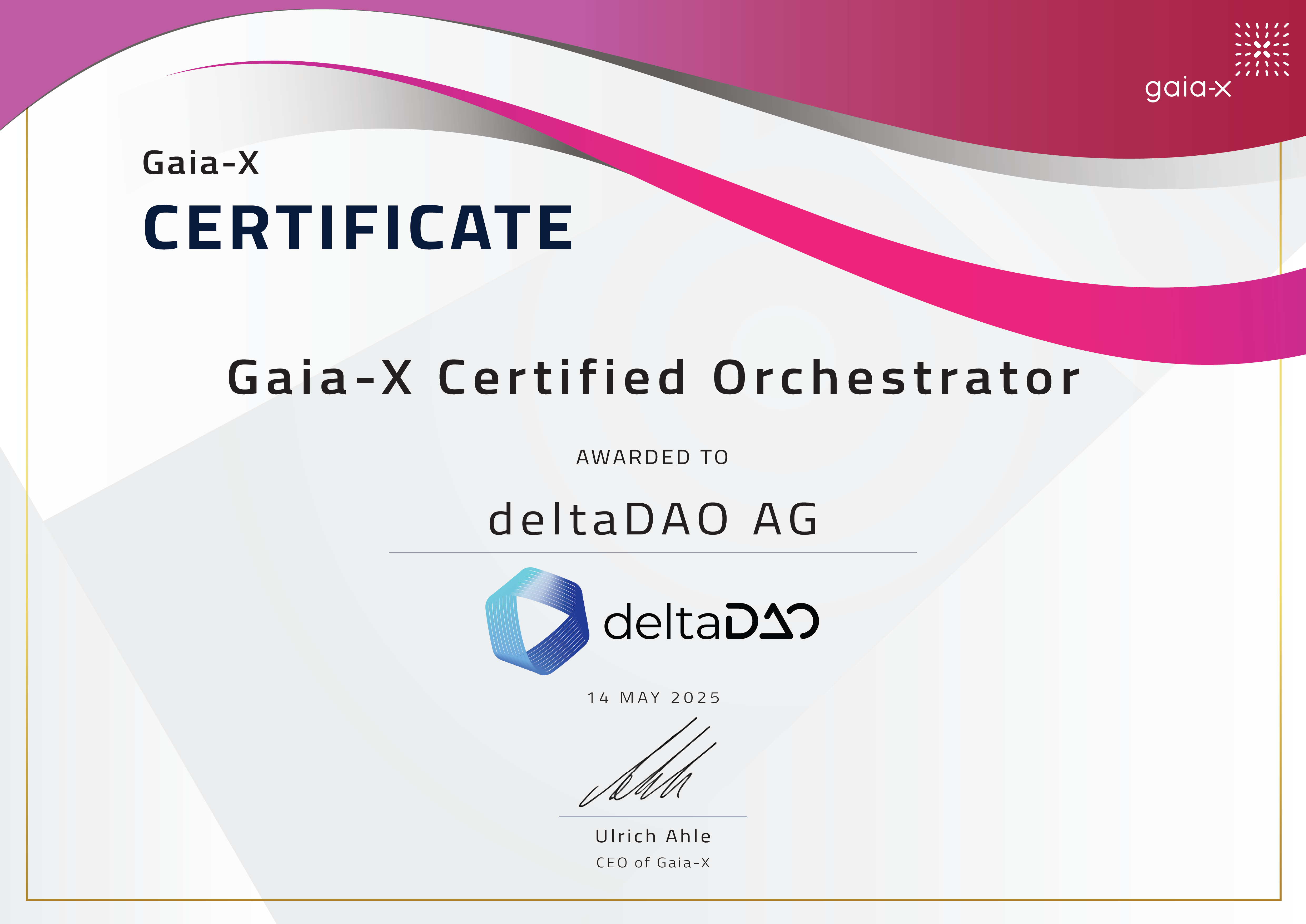 deltaDAO Gaia-X Orchestrator Certificate